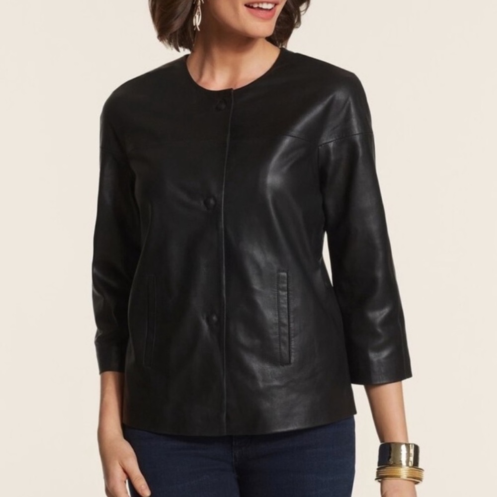 Chico's Black Raglan Leather Mod‎ Style Jacket Chico’s Size 2